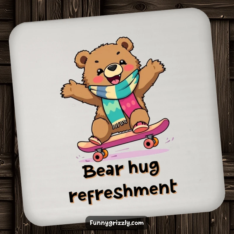 Funny grizzly bear in a scarf skateboarding downhill, featured on a set of protective and humorous drink coasters.
