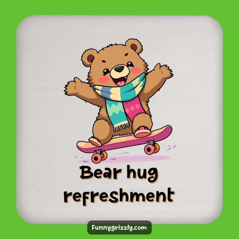 Funny Grizzly Skateboarder Coaster Set, Protect Surfaces with Bear-Sized Chuckles