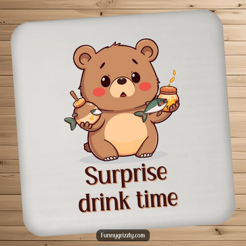 Funny drink coaster with a chubby grizzly bear looking surprised while juggling a honey pot and a salmon, protecting surfaces humorously.