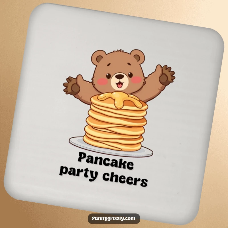 Funny drink coaster with a grizzly bear attempting to balance on a wobbling stack of pancakes, protecting surfaces humorously.