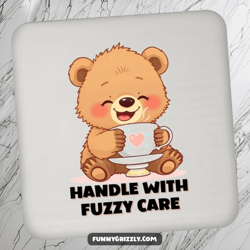 Funny drink coaster featuring a giggling grizzly bear cub attempting to balance a teacup on its head, offering cute protection.