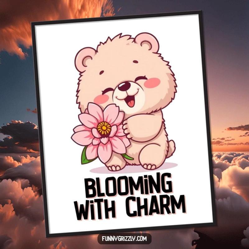 Funny poster print of a fluffy grizzly bear winking playfully while holding a giant flower, adding charming humor to wall decor.