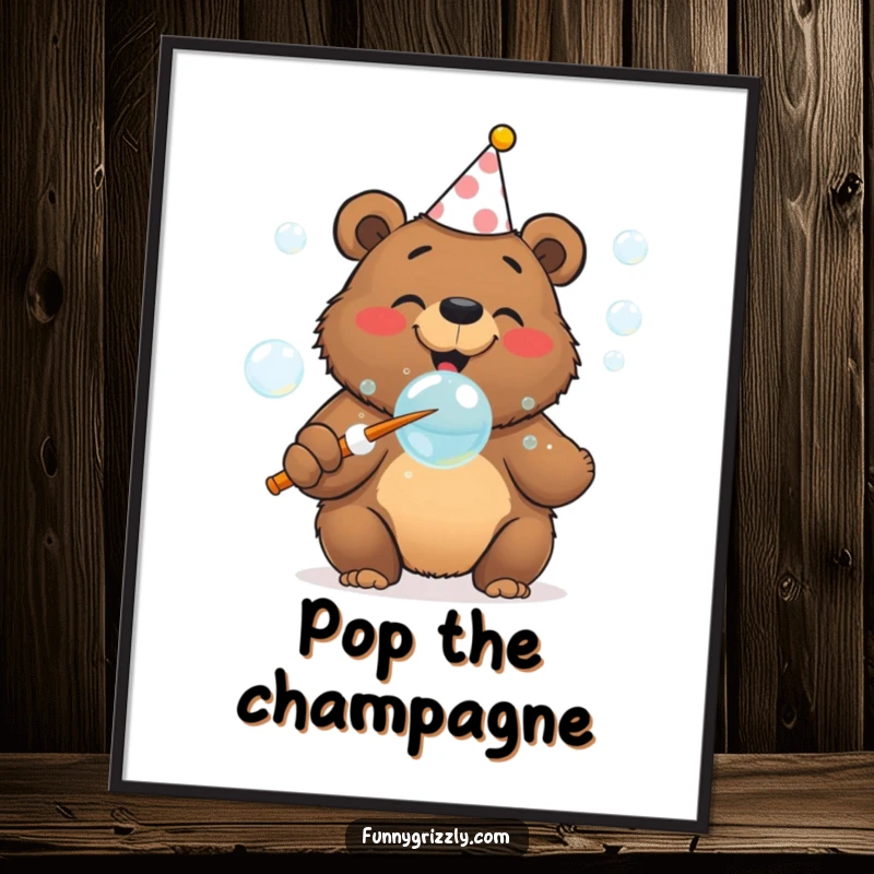 Cheerful grizzly bear in a party hat gleefully blowing bubbles with a huge wand, depicted as festive wall art.