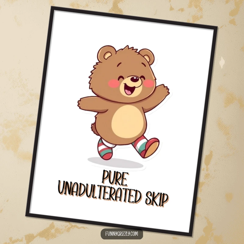 Funny poster illustrating a gleeful grizzly bear skipping with joy, wearing mismatched socks, bringing a touch of whimsical humor.