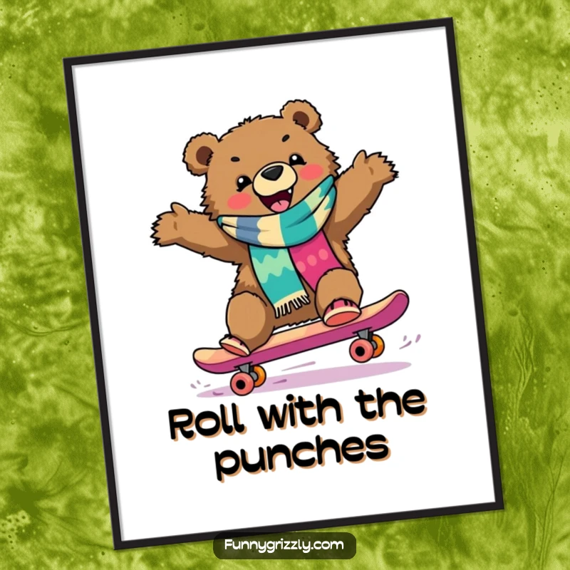 Funny grizzly bear in a scarf joyfully skateboarding downhill, presented as vibrant and humorous wall art poster.