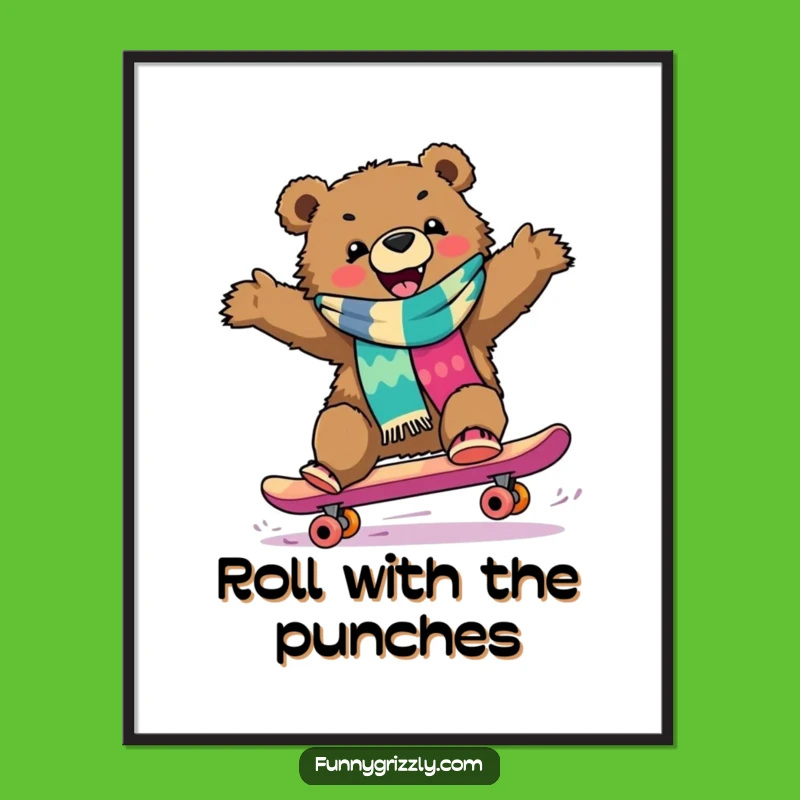 Funny Grizzly Skateboarder Poster, Vibrant Wall Art for a Dose of Bear Humor