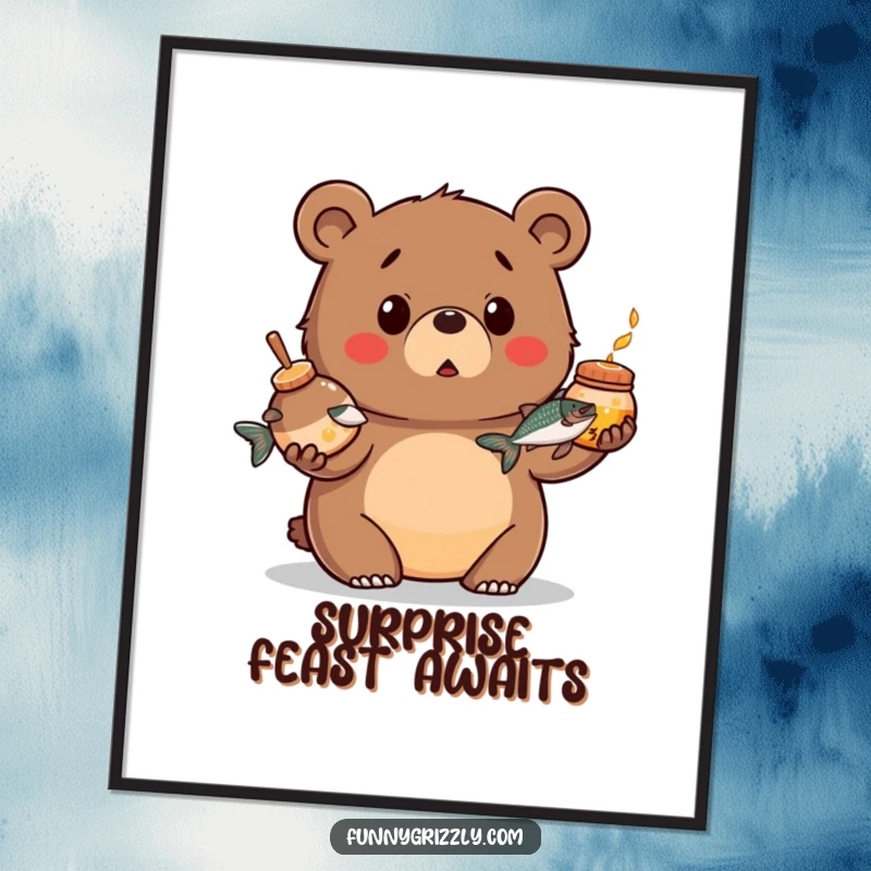 Funny poster print of a chubby grizzly bear looking surprised while juggling a honey pot and a salmon, adding comical art to any room.