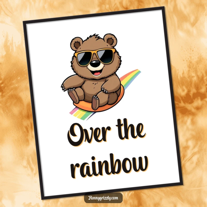 Funny smiling grizzly bear in sunglasses playfully slides down a rainbow, depicted as vivid and humorous wall art.