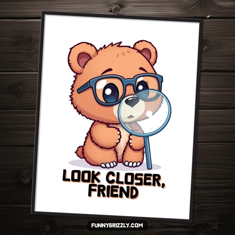 Funny poster print of a curious grizzly bear cub in oversized glasses, examining something through a magnifying glass.
