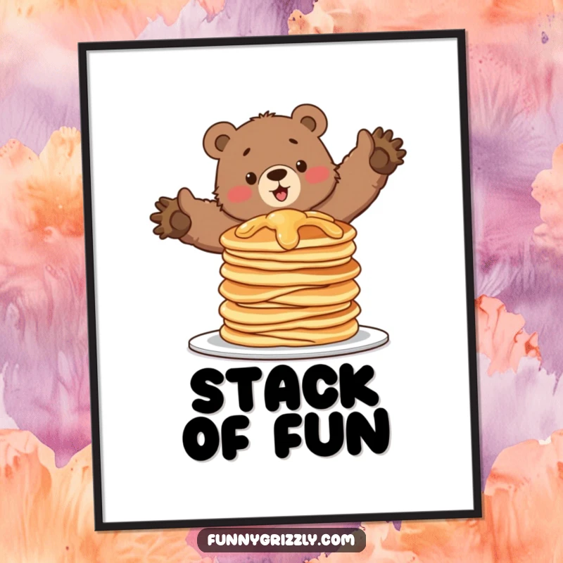Funny poster print of a grizzly bear attempting to balance on a wobbling stack of pancakes, adding humorous breakfast art to any room.