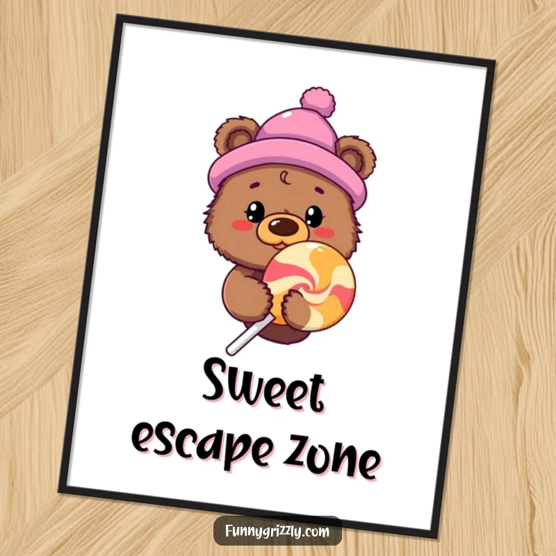 Curious grizzly bear in a novelty hat peeking from behind a giant lollipop, depicted as sweet and humorous wall art.