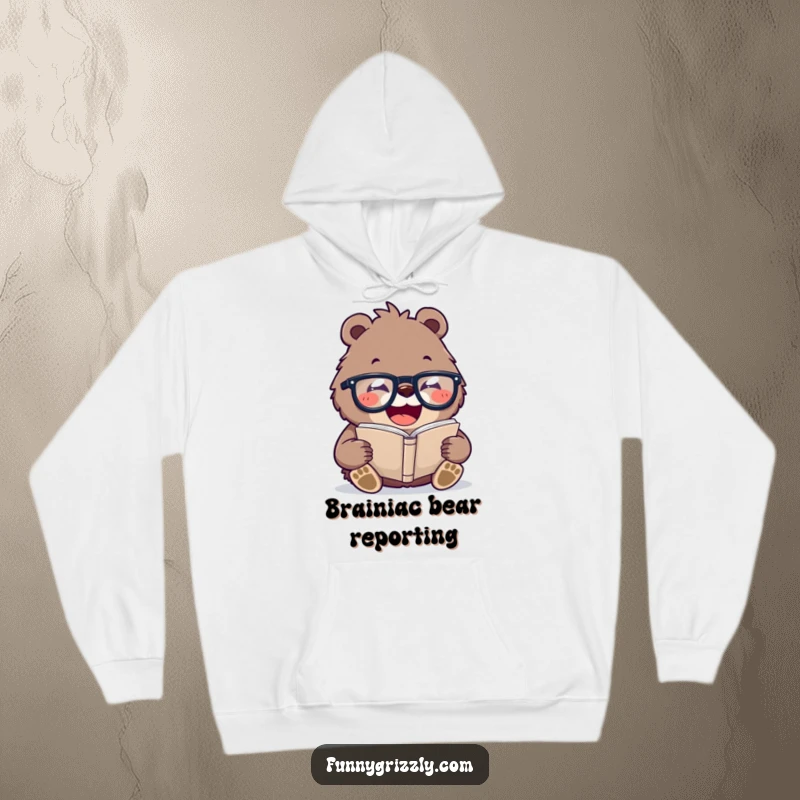 Funny hoodie depicting a laughing grizzly bear wearing oversized glasses, reading a tiny book, offering warm comfort and intellectual humor.
