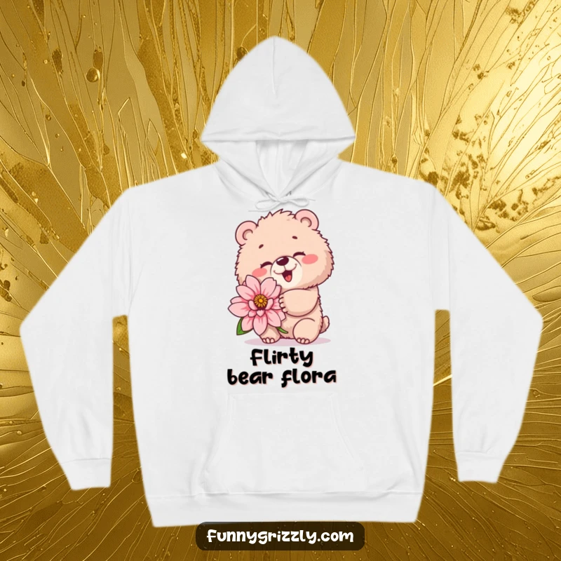 Funny hoodie depicting a fluffy grizzly bear winking playfully while holding a giant flower, offering warm comfort and charming humor.