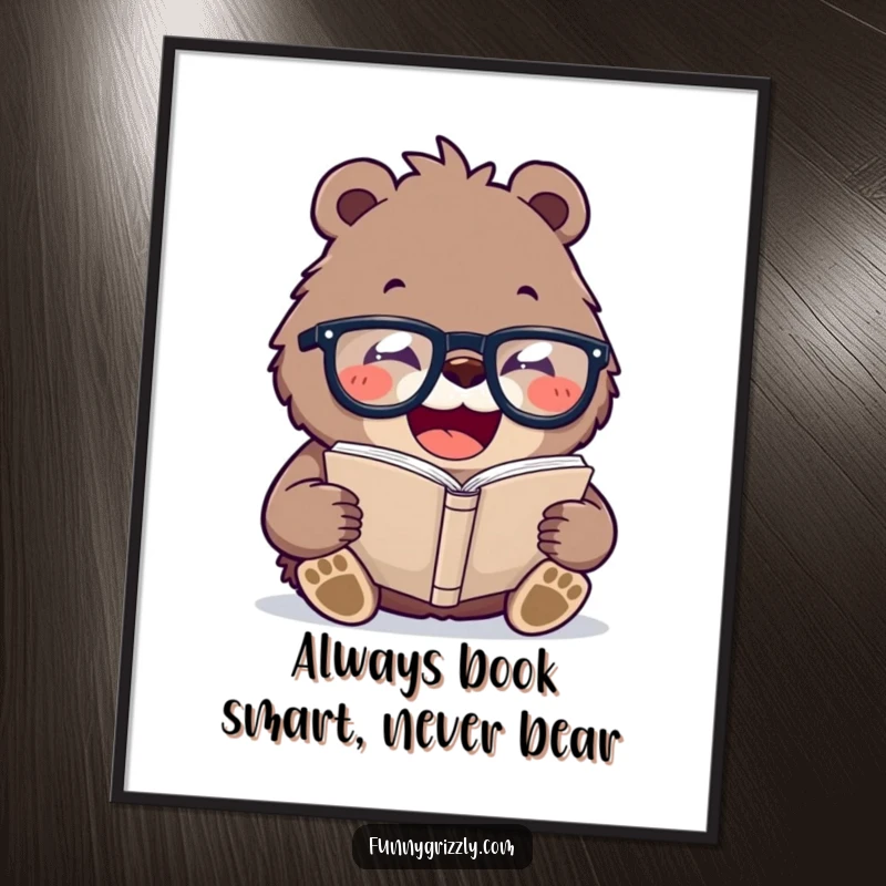 Funny Free Printable Wall Art: Laughing grizzly bear in oversized glasses reading a tiny book, a witty addition.