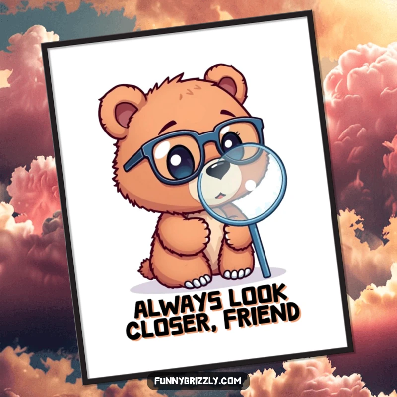 Funny Free Printable Wall Art: Curious bear cub wearing oversized glasses, intensely peering through a giant magnifying glass, detailed illustration.