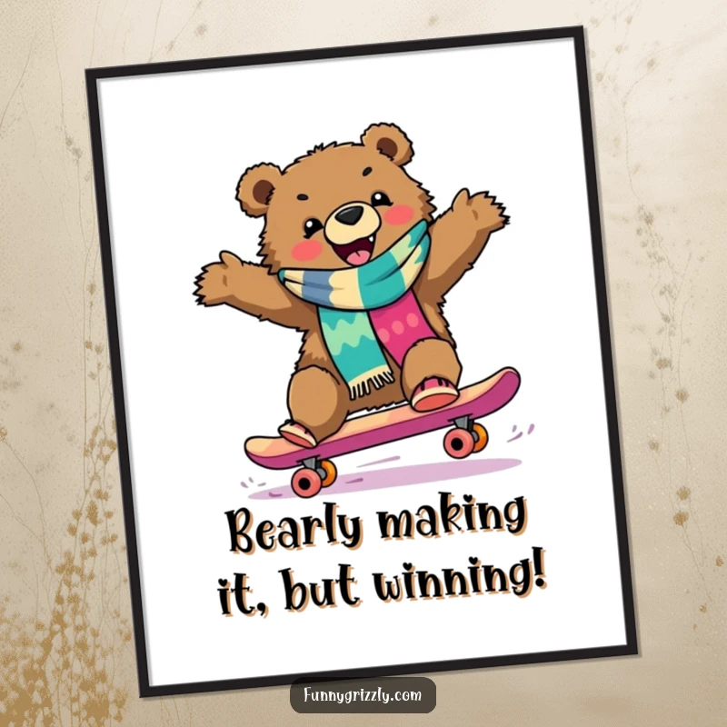 Funny Free Printable Wall Art: Stylized grizzly bear in a scarf gleefully skateboarding downhill, cool wall decor.