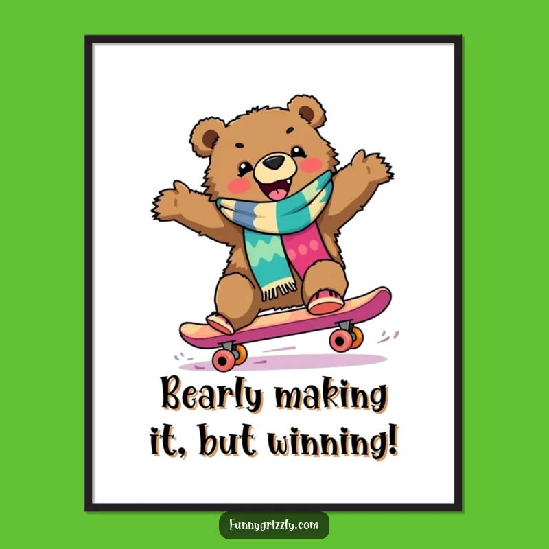 Free Printable Wall Art: Funny Grizzly Skater Bear - Hilarious Downloadable Decor