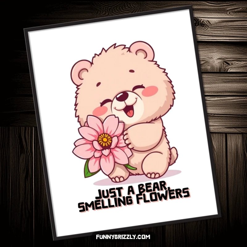 Funny Free Printable Wall Art: Fluffy grizzly bear winking playfully while holding a giant flower, a delightful artwork.