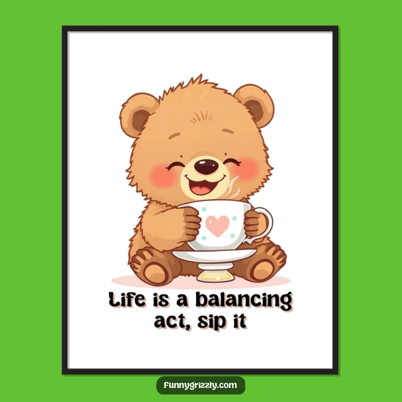 Funny Free Printable Wall Art: Bear Cub Teacup Balance Downloadable Decor Gift