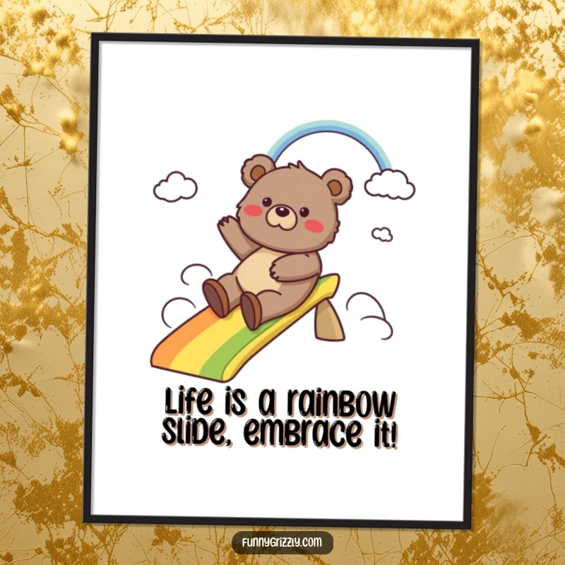 Funny Free Printable Wall Art: A whimsical grizzly bear slides down a vibrant rainbow, bringing laughter and joy to any room. Downloadable art.