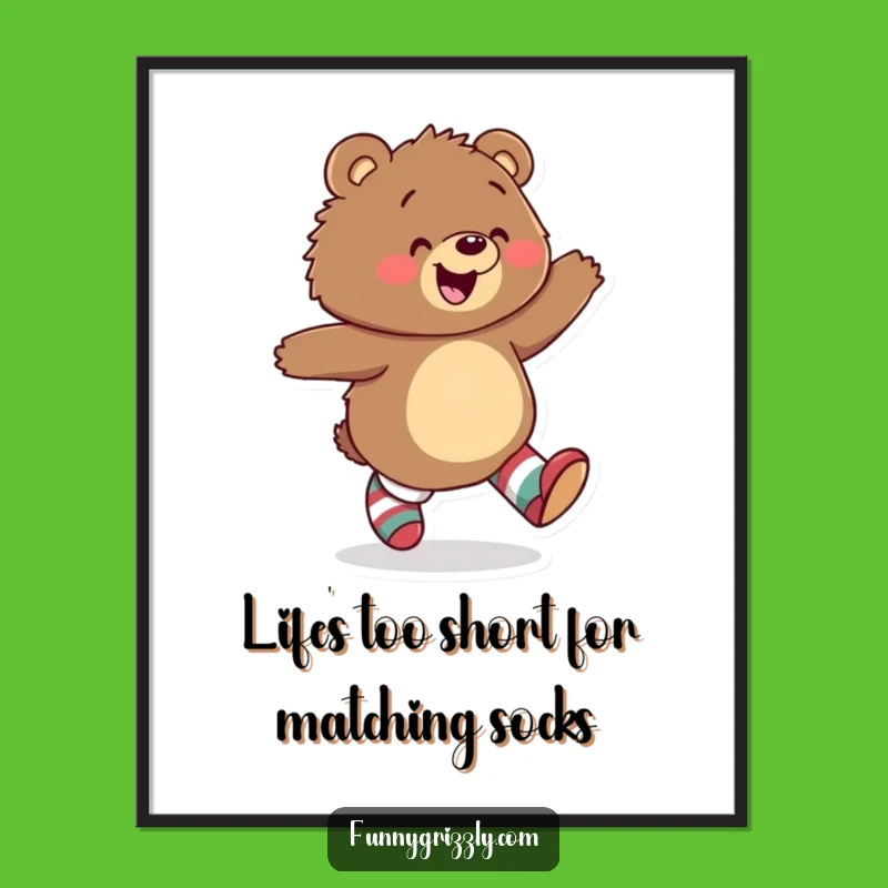 Funny Free Printable Wall Art: Bear Mismatched Socks Skipping Downloadable Decor Gift