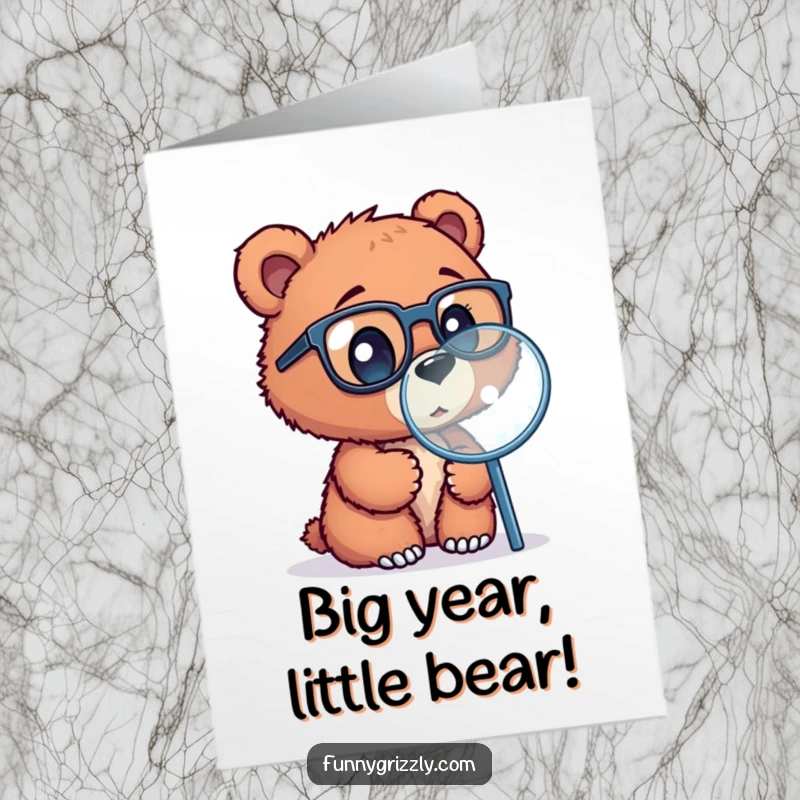 Funny Free Printable Birthday Card: Curious bear cub wearing big glasses peers intently through a giant magnifying glass, exploring joy.