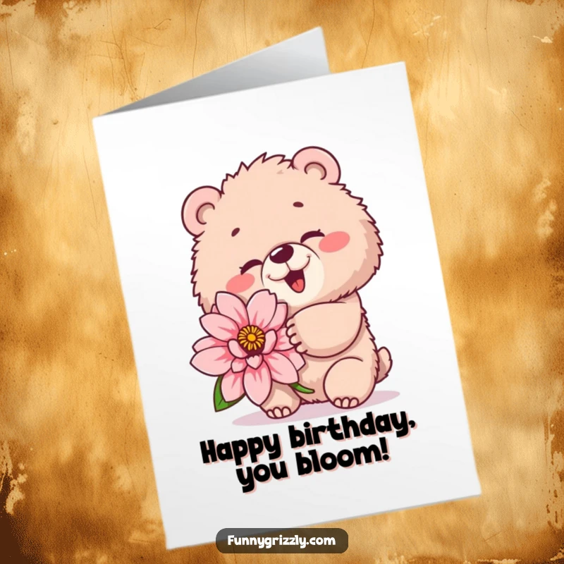 Funny Free Printable Birthday Card: Fluffy grizzly bear winking playfully while holding a giant flower, sending birthday cheer.
