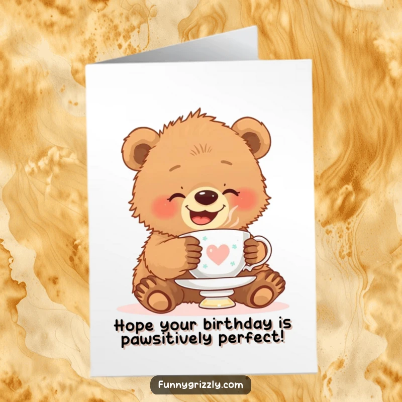 Funny Free Printable Birthday Card: A giggling grizzly bear cub clumsily balances a teacup on its head, creating a moment of sweet hilarity. Downloadable gift.