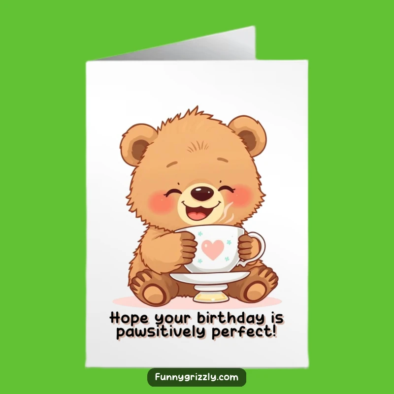 Free Printable Birthday Card: Bear Cub Teacup Balance Funny Downloadable Gift