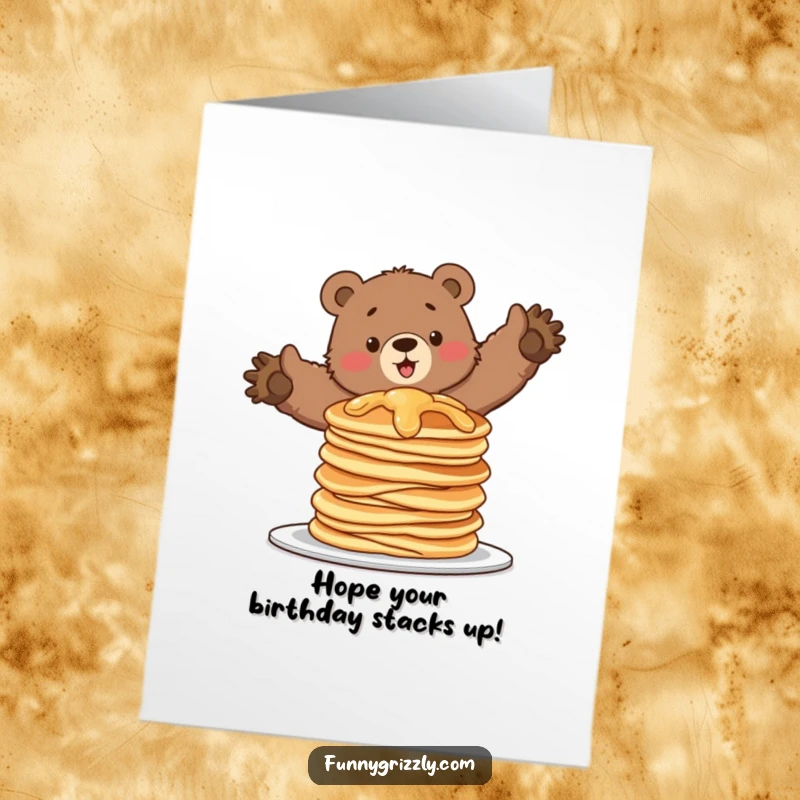Funny Free Printable Birthday Card: Grizzly bear comically attempting to balance on a wobbling stack of pancakes.