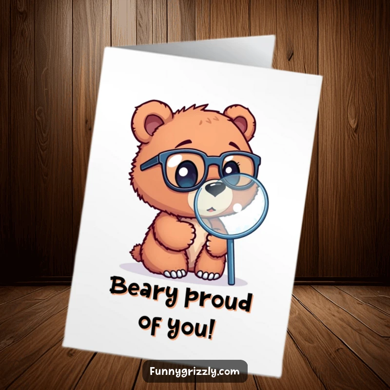 Funny Free Printable Congrats Card: Curious bear cub with oversized glasses examining something closely with a large magnifying glass.