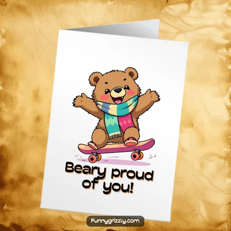 Funny Free Printable Congratulations Card: Grizzly bear in scarf celebrating success on a skateboard.