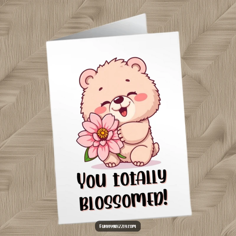 Funny Free Printable Congratulations Card: Fluffy grizzly bear winking playfully, holding a flower, perfect for happy news.