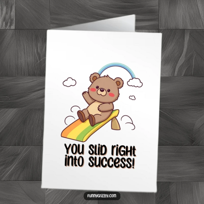 Funny Free Printable Congrats Card: A bear slides down a rainbow, celebrating success with pure, unadulterated fun. A downloadable gift.