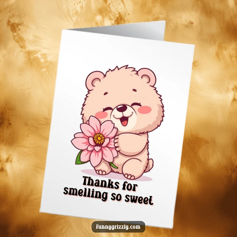 Funny Free Printable Thank You Card: Fluffy grizzly bear winking playfully, holding a flower, a cute thanks.