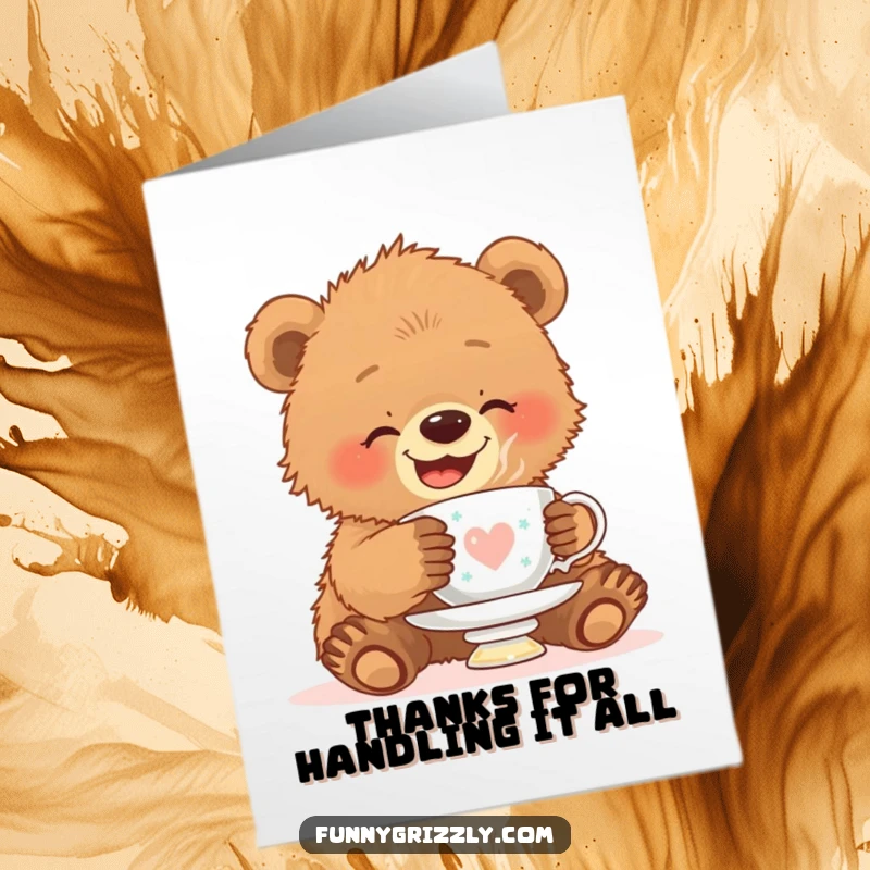 Funny Free Printable Thank You Card: A sweet grizzly bear cub attempts to balance a teacup on its head, a charming gesture of thanks. Downloadable gift.