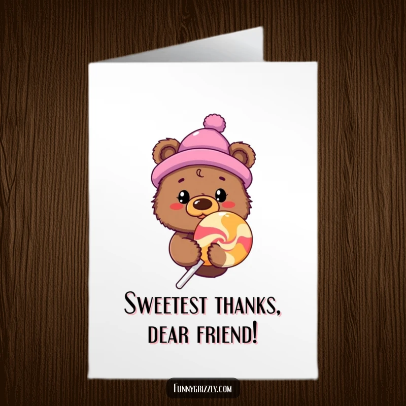 Funny Free Printable Thank You Card: Curious grizzly bear in novelty hat peeking from behind a giant lollipop, sweet thanks.