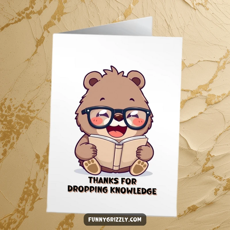 Funny Free Printable Thank You Card: Laughing grizzly bear wearing glasses, reading, perfect for humorous thanks.