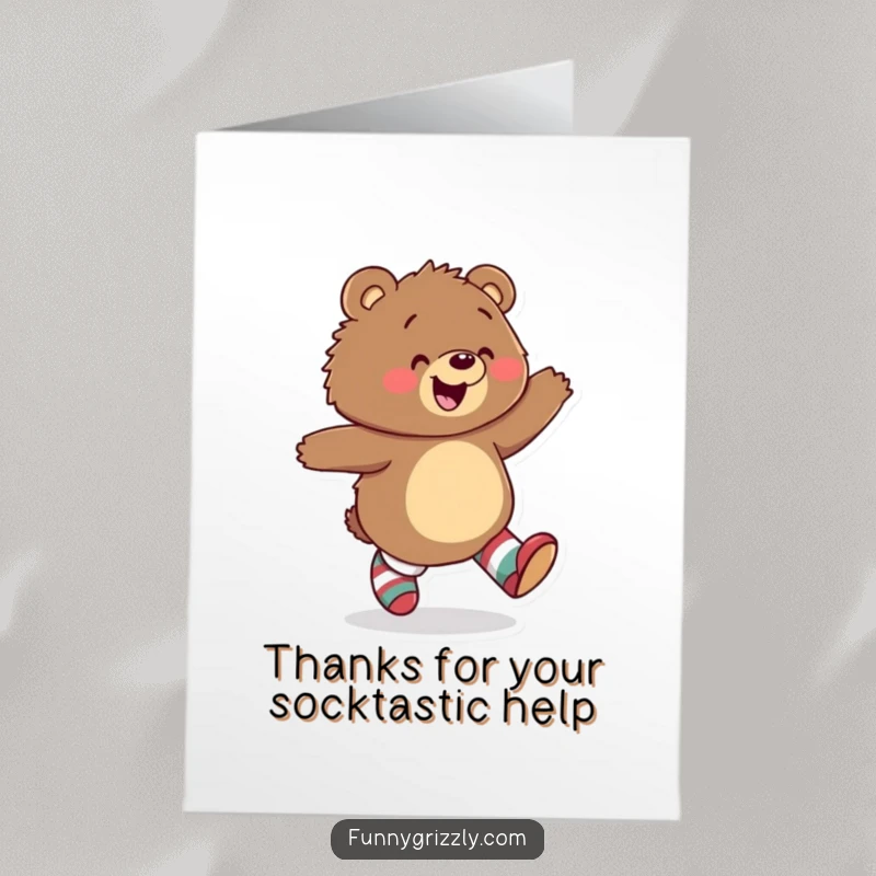 Funny Free Printable Thank You Card: A playful grizzly bear skips with glee in mismatched socks, expressing thanks with infectious happiness. Downloadable gift.
