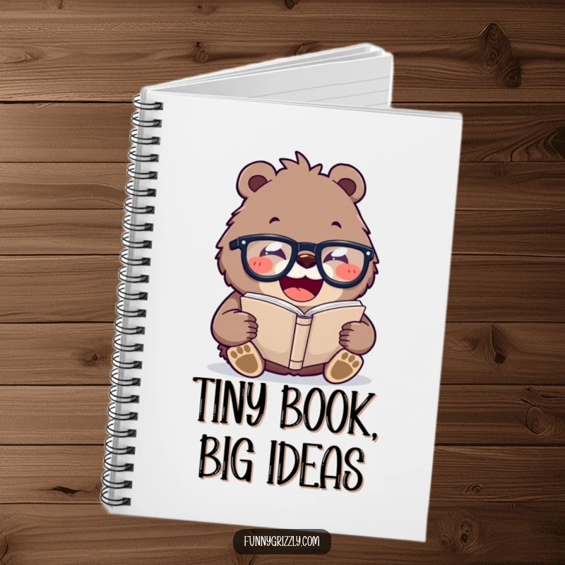 Funny notebook with a laughing grizzly bear wearing oversized glasses, reading a tiny book, perfect for jotting notes with wit.