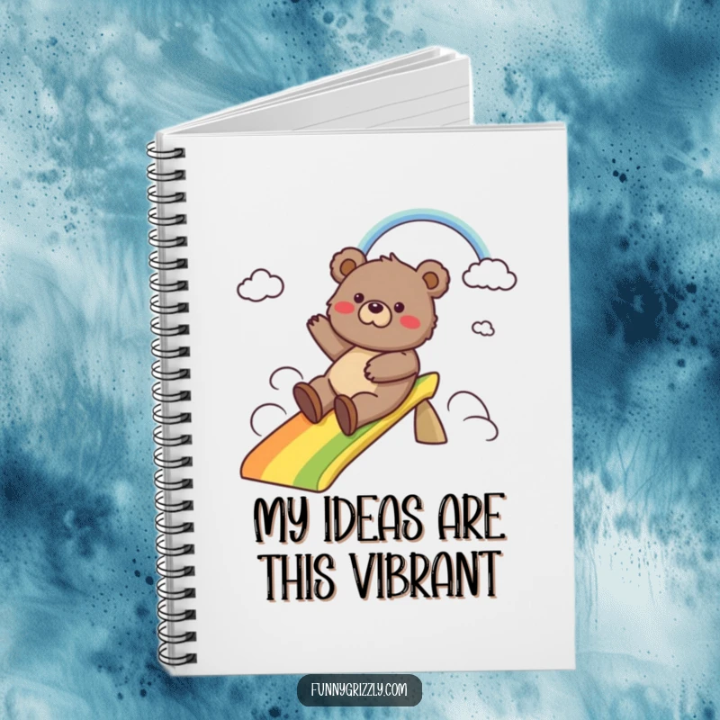 Funny notebook with a silly grizzly bear sliding down a vibrant rainbow, ideal for jotting down brilliant ideas with a touch of whimsy.
