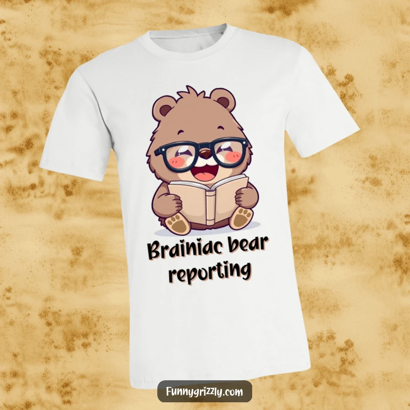 Funny t-shirt showing a laughing grizzly bear wearing oversized glasses and reading a tiny book, depicting a scene of intellectual amusement.