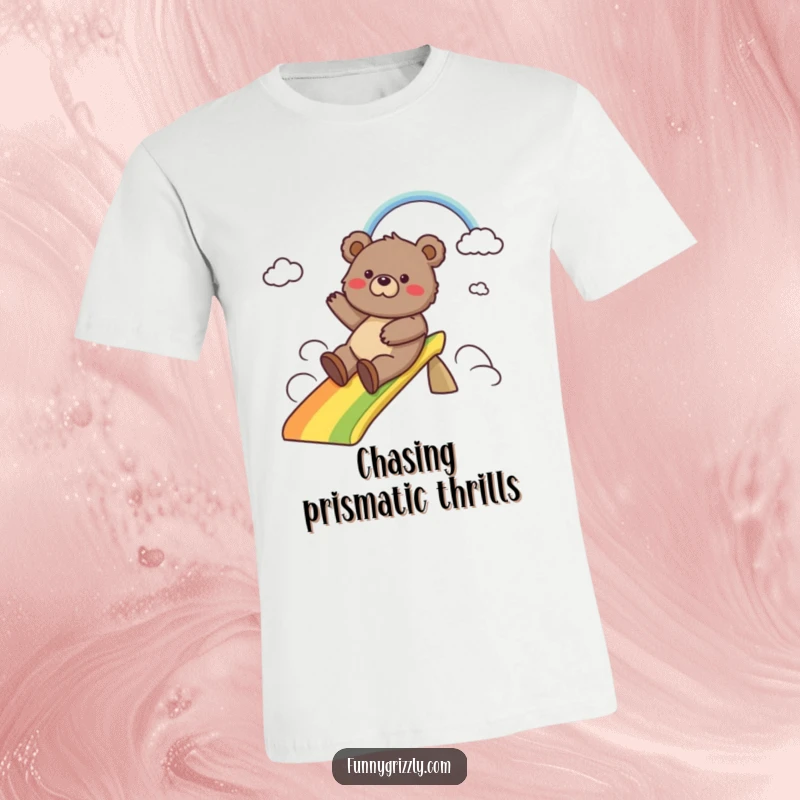 Funny t-shirt of a happy grizzly bear joyfully sliding down a bright rainbow, symbolizing fun and a carefree spirit.