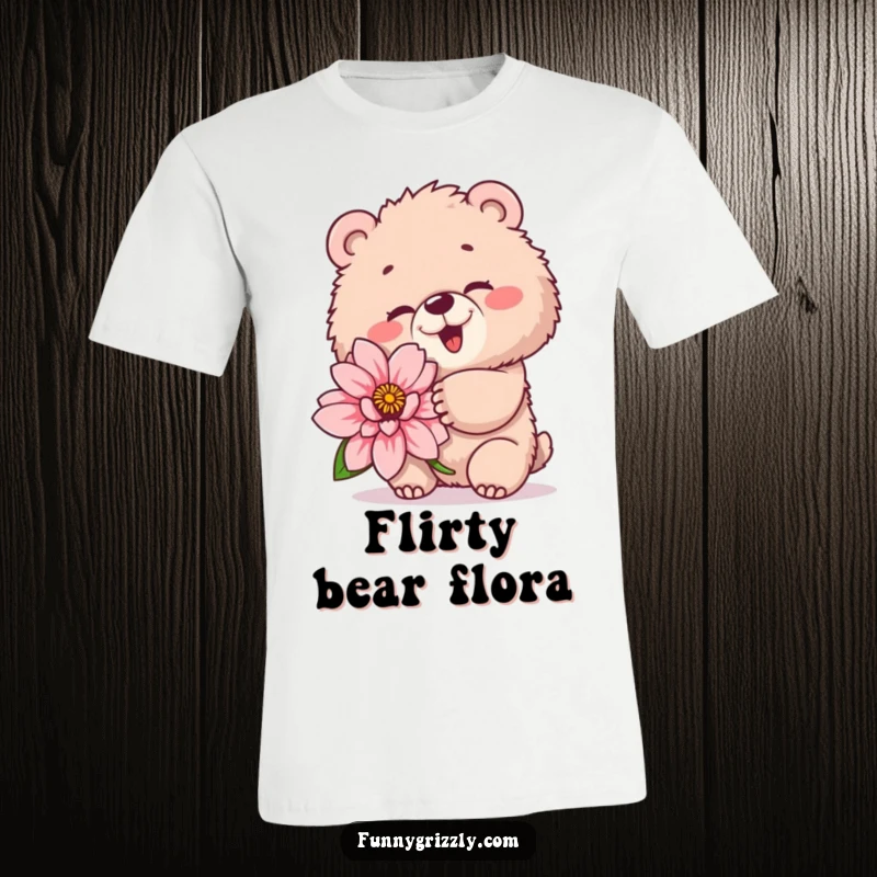 Funny t-shirt showing a fluffy grizzly bear winking playfully while holding a giant flower, depicting a sweet and cheerful scene.