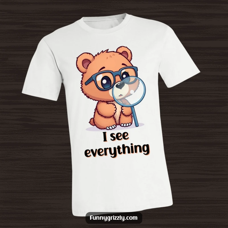 Funny t-shirt depicting a curious grizzly bear cub in oversized glasses, examining something through a large magnifying glass.