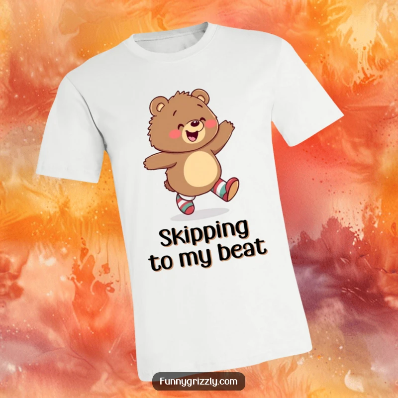 Funny t-shirt of a gleeful grizzly bear skipping with joy, sporting mismatched socks, conveying boundless energy and unique style.