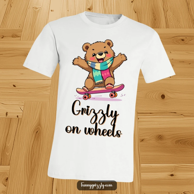 Funny, happy grizzly bear wearing a scarf, expertly riding a skateboard downhill on a stylish graphic t-shirt.