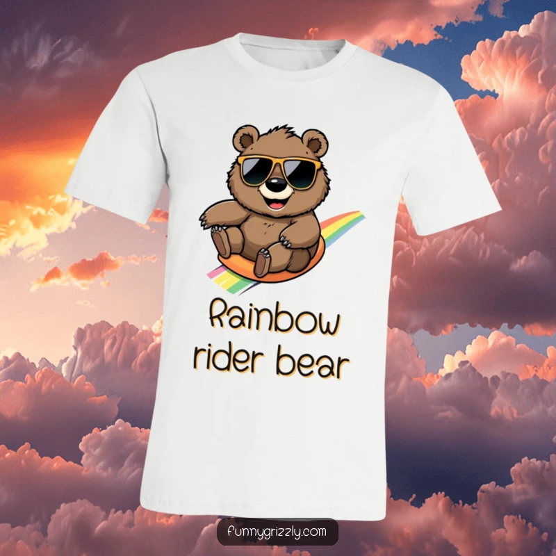 Funny round grizzly bear with sunglasses playfully slides down a rainbow on a colorful graphic t-shirt.