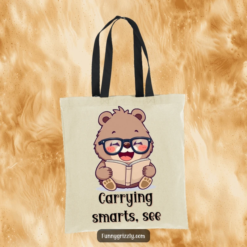 Funny tote bag with a laughing grizzly bear wearing oversized glasses, reading a tiny book, perfect for carrying books with a smile.