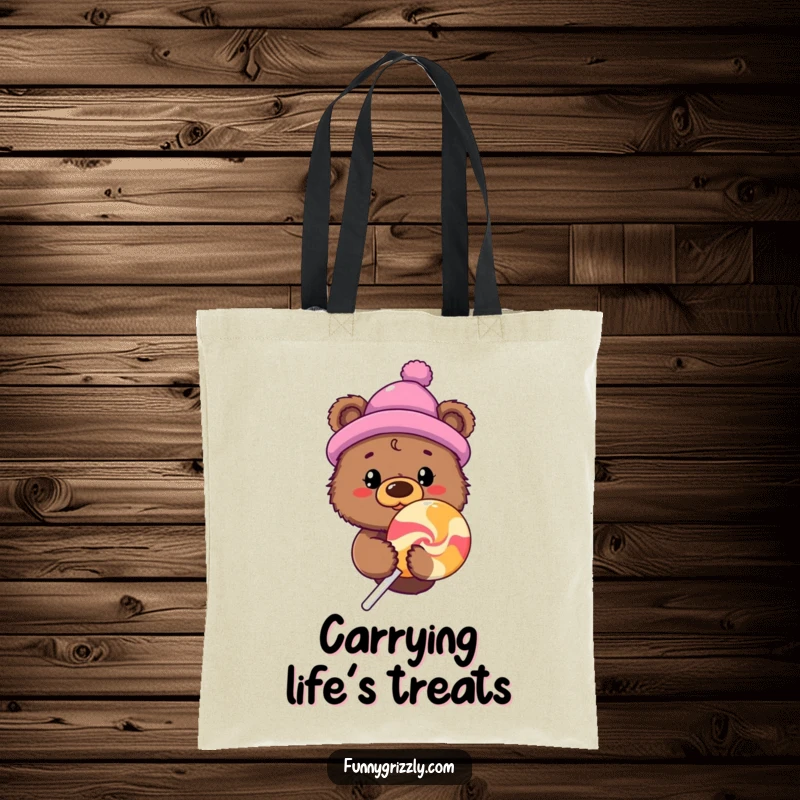 Funny grizzly bear in a hat peeking from behind a giant lollipop on a durable and humorous tote bag.